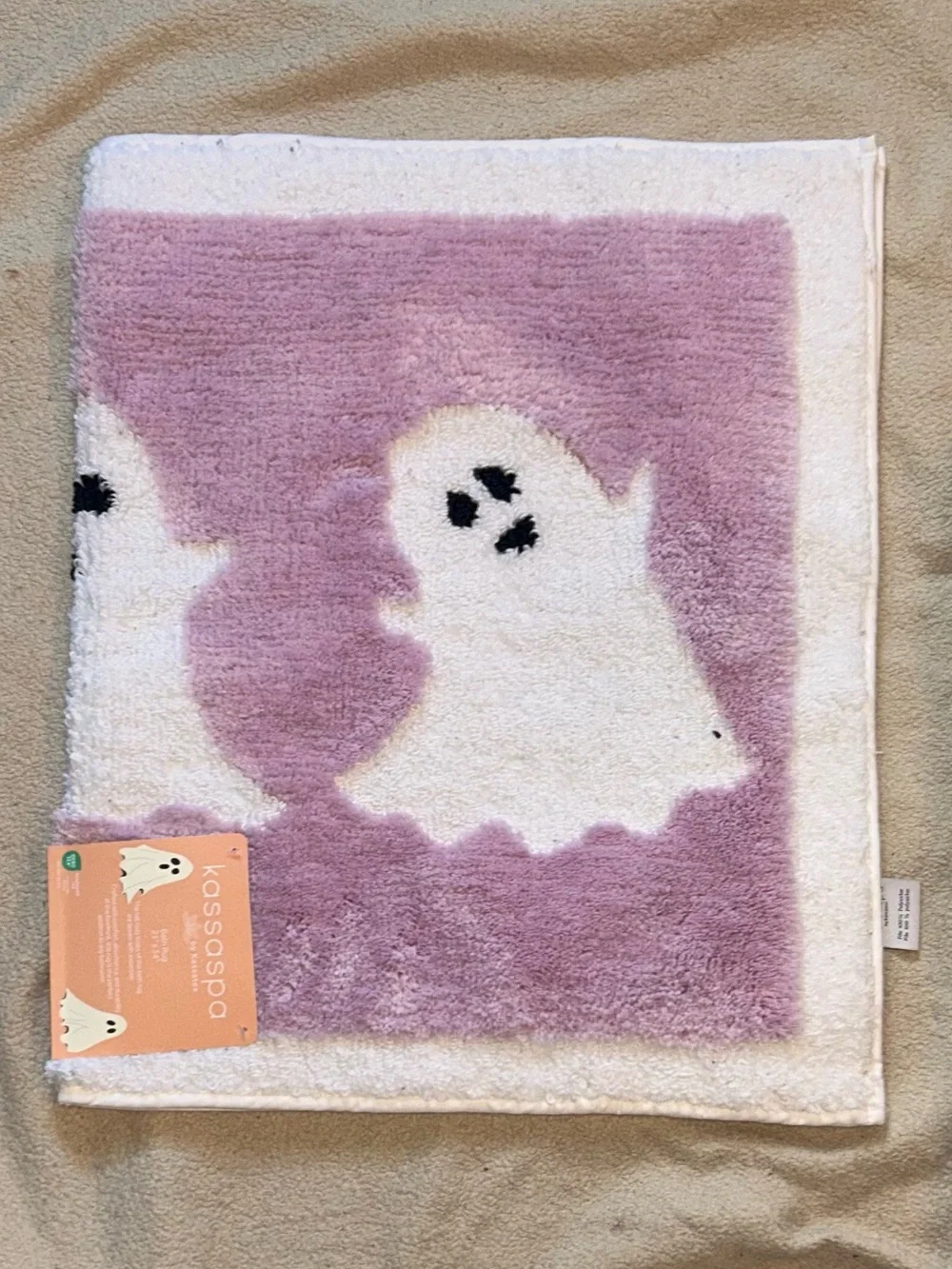 KASSATEX 21x34 Pink And White Cheerful Ghosts Plush Bath Rug NWTS